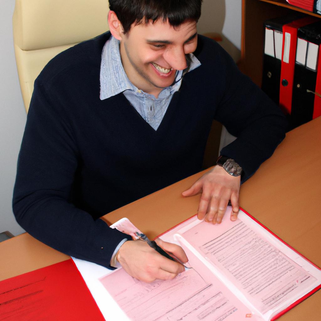 Person signing legal documents, smiling
